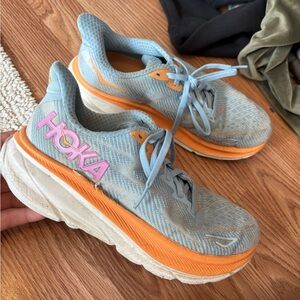 Hoka Light Blue and Orange Sneakers